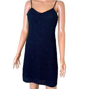 Vintage Nite Line Niteline dress sexy LBD beaded spaghetti strap mini black SZ 8